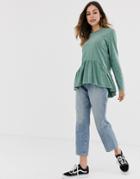 Asos Design Smock Top With Long Sleeve In Wash-green