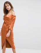 Lavish Alice Rust Satin Bardot Tie Midi Dress - Orange