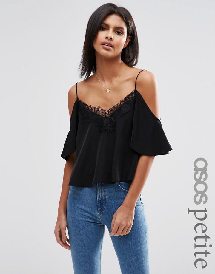 Asos Petite Satin Cropped Cold Shoulder Lace Trim Cami Top - Ivory