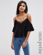 Asos Petite Satin Cropped Cold Shoulder Lace Trim Cami Top - Ivory