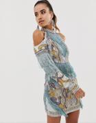 Starry Eyed Long Sleeve Cold Shoulder Mini Dress With All Over Embellishment - Multi