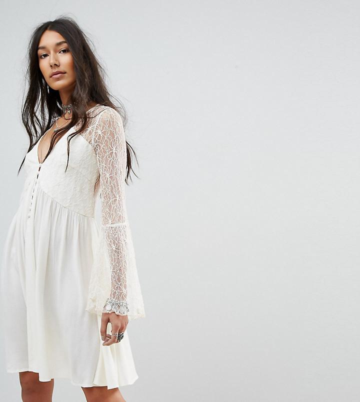 Kiss The Sky Tall Button Front Smock Dress With Lace Panels - Cream