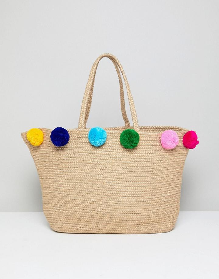 America & Beyond Muti Colored Pom Poms Jute Beach Bucket Bag - Multi
