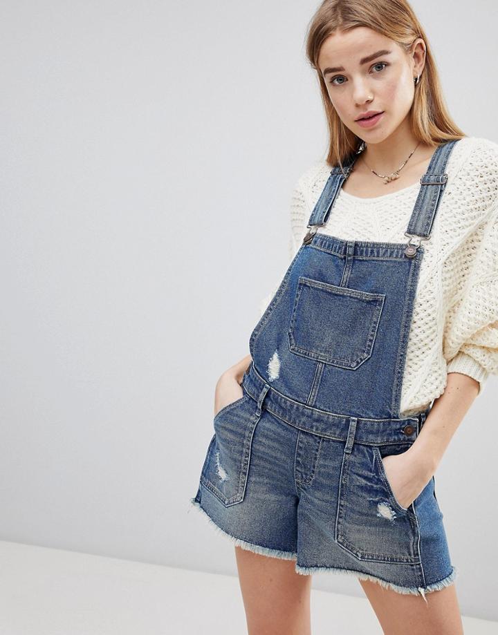 Hollister Roll Hem Denim Overall Short - Blue