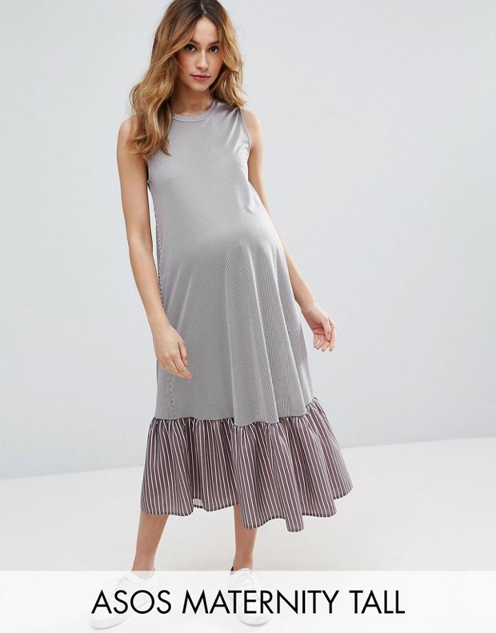 Asos Maternity Tall Midi Dress In Stripe With Drop Frill Hem - Blue