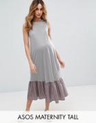 Asos Maternity Tall Midi Dress In Stripe With Drop Frill Hem - Blue