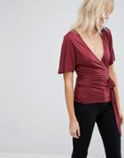 Asos Top With Kimono Sleeve And Tie Front - Red
