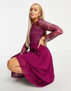 Chi Chi London Lace Top Pleated Skirt Midi Dress In Berry Pink