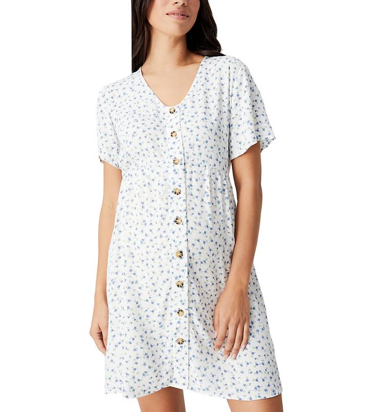Cotton: On Maternity Button Front Tea Dress In Blue Print