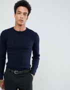 Gianni Feraud Premium Muscle Fit Stretch Crew Neck Cable Sweater - Navy