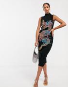 Asos Design Dragon Embroidered Turtleneck Rib Midi Dress-black