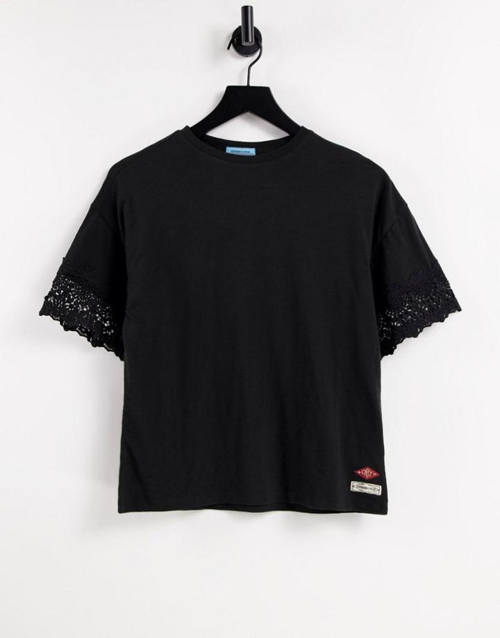 Superdry Crafted Folk Lace Trim T-shirt In Black