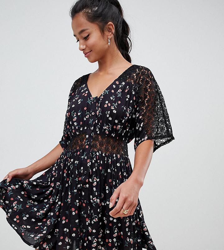 Asos Design Petite Ditsy Lace Insert Casual Tea Dress - Multi