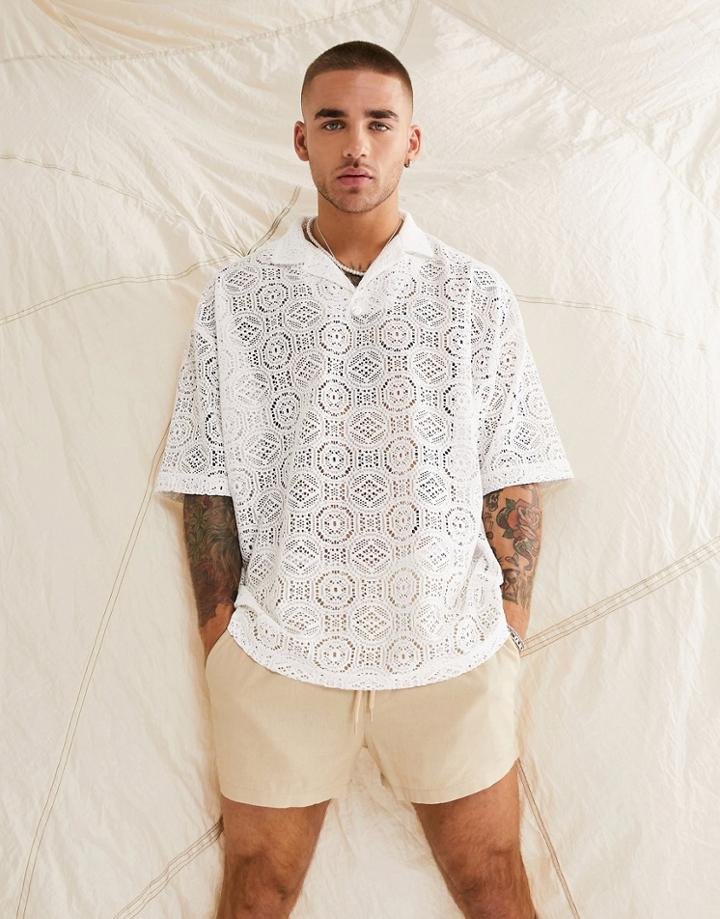 Asos Design Oversized Camp Collar Polo T-shirt In Beige Lace-neutral