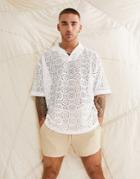 Asos Design Oversized Camp Collar Polo T-shirt In Beige Lace-neutral