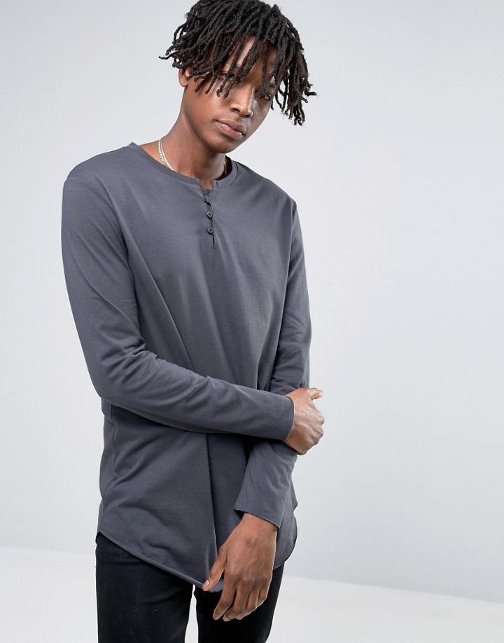 Asos Longline Long Sleeve T-shirt In Washed Black With Grandad Collar