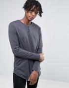 Asos Longline Long Sleeve T-shirt In Washed Black With Grandad Collar
