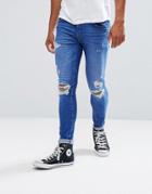 Dml Jeans Super Skinny Spray On Jeans With Busted Ripped Knees In Mid Blue - Blue