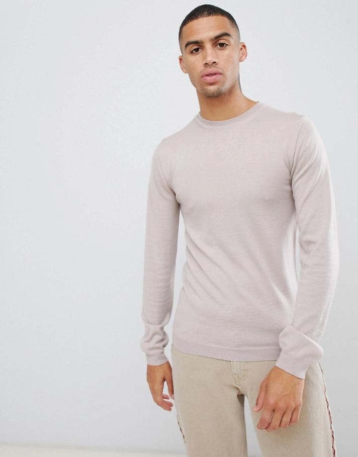 Asos Muscle Fit Merino Wool Sweater In Oatmeal