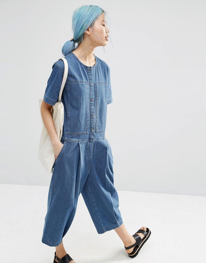 Asos White Denim Stripe Relaxed Jumpsuit - Blue