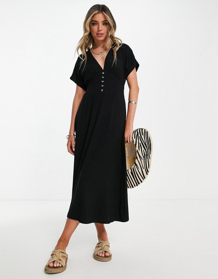 Asos Design Waisted Midi Tea Dress With Buttons In Black