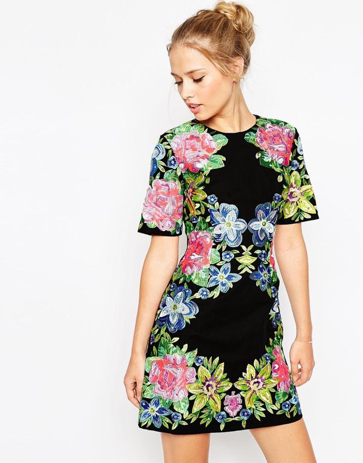 Asos Premium Embroidered Shift Dress - Black