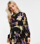 Asos Design Petite High Neck Pleated Long Sleeve Skater Mini Dress In Bold Floral-multi