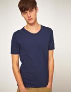 Asos T-shirt With Curved V Neck And Rib Cuff - Navy