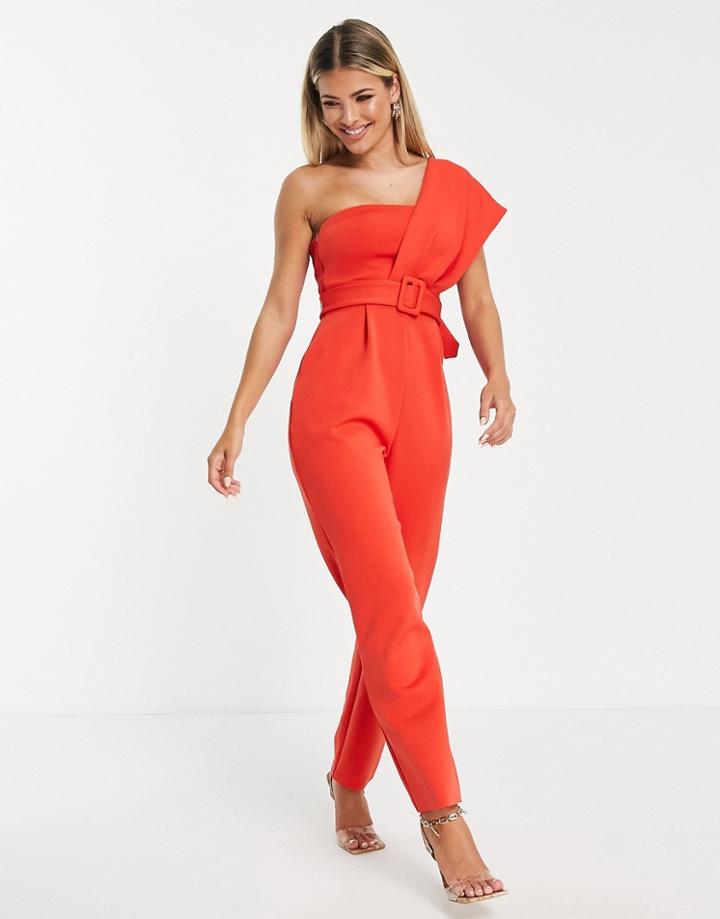Asos Design One Shoulder Scuba Belted Jumpsuit In Red