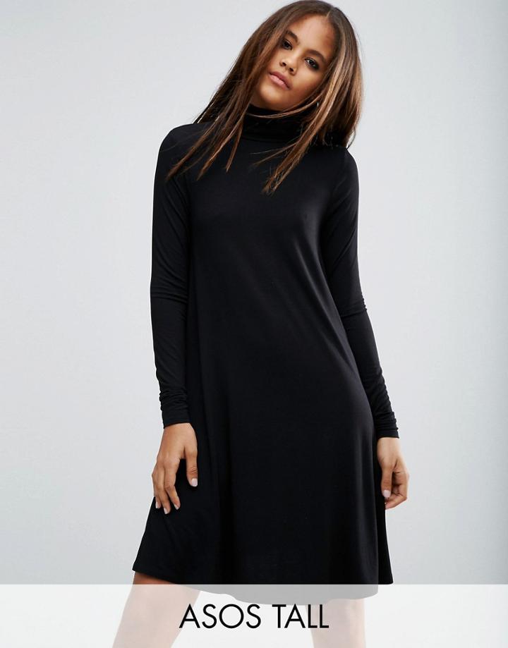 Asos Tall Swing Dress With Turtleneck & Long Sleeves - Black