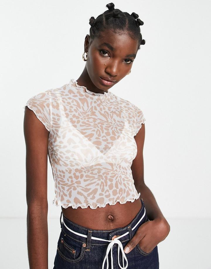 Asos Design Textured Mesh Top In Animal Print-neutral