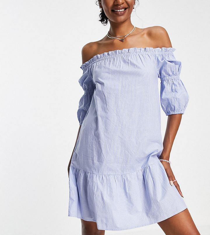 Influence Tall Off Shoulder Mini Dress In Blue Stripe-blues