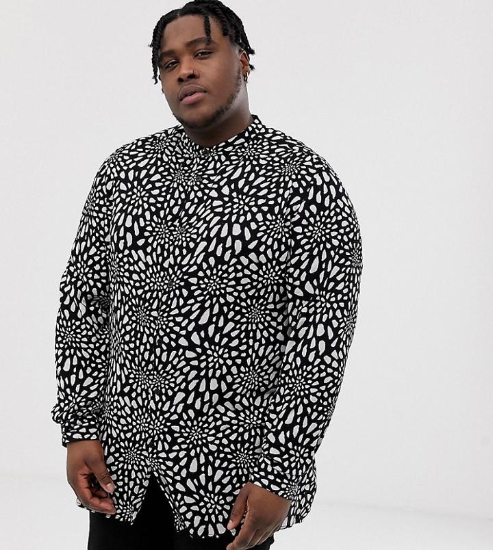 Asos Design Plus Oversized Longline Spot Shirt With Grandad Collar - Black