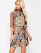 Ax Paris 3/4 Sleeve Border Print Shirt Dress - Multi