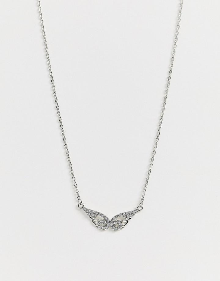 Asos Design Necklace With Crystal Angel Wings Pendant In Silver Tone - Silver