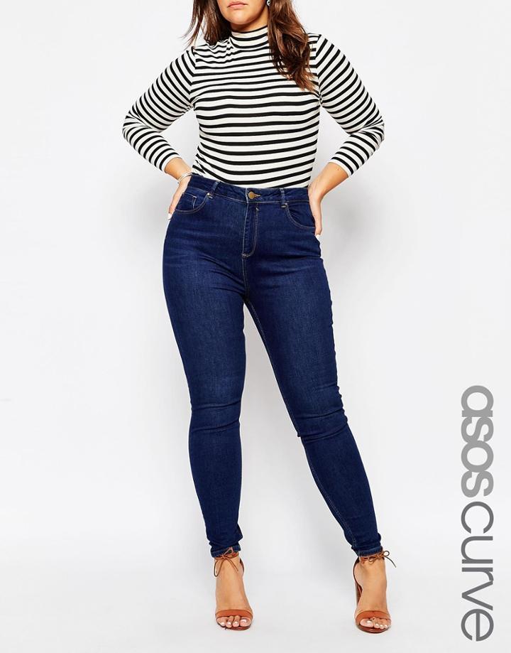 Asos Curve Lisbon Mid Rise Skinny Jean In Tyne Washed Rich Blue - Rich Blue