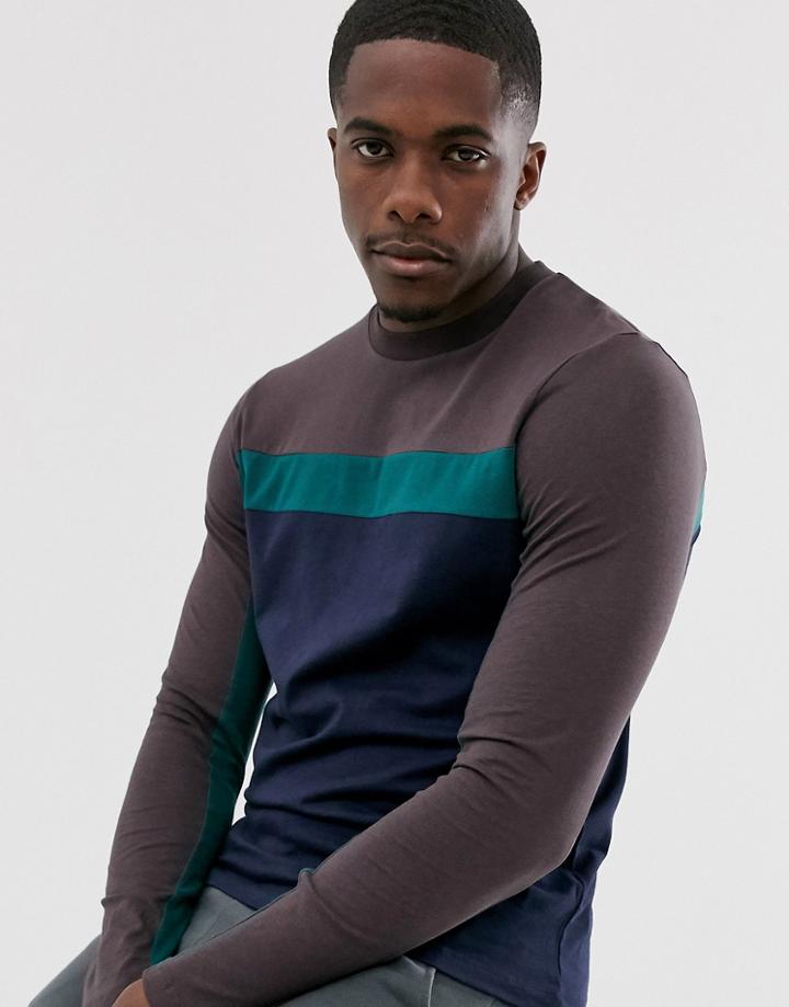 Asos Design Long Sleeve T-shirt With Color Block Panels In Navy