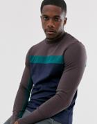 Asos Design Long Sleeve T-shirt With Color Block Panels In Navy