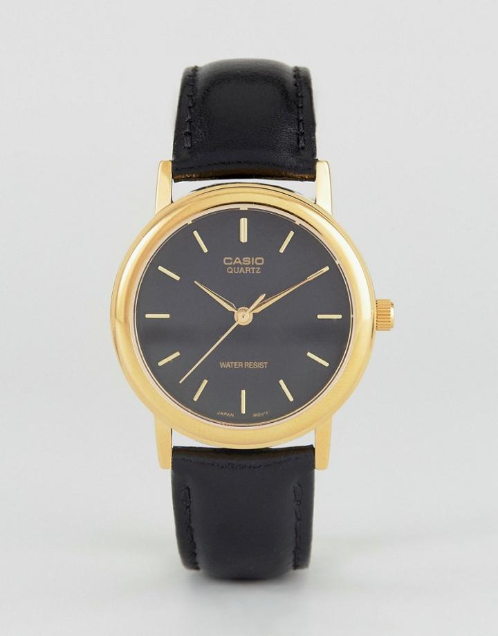 Casio Mtp1095q-1a Gold Detail Black Leather Strap Watch - Black