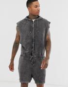 Asos Design Zip-up Sleeveless Hooded Short Jumpsuit In Gray Acid Wash-blue