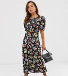 Asos Design Petite Midi Tea Dress In Bright Grunge Floral Print - Multi