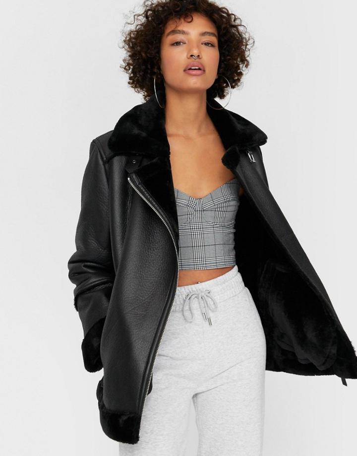 Stradivarius Long Faux-leather Aviator Jacket In Black