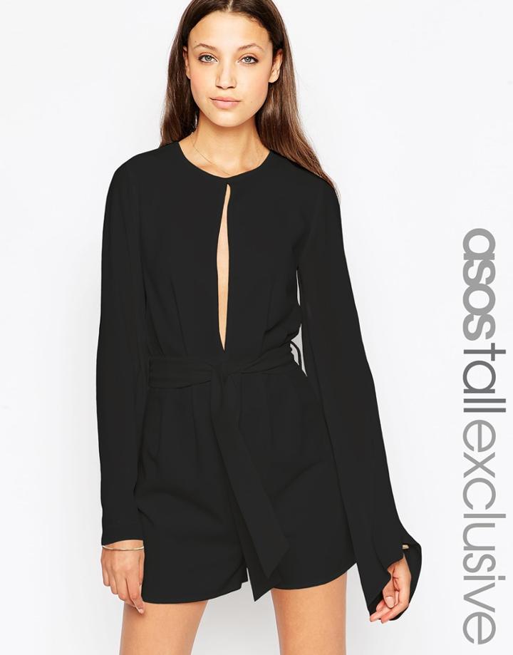 Asos Tall Sheer Sleeve Romper With Tie Waist - Ivory