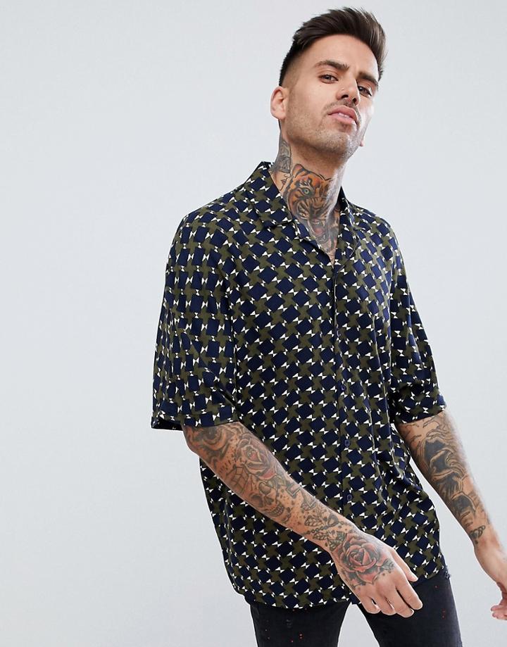 Boohooman Regular Fit Revere Shirt With Geo-tribal Print In Khaki - Green