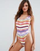 Asos Rainbow Print Shirred High Leg Swimsuit - Multi