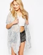 Band Of Gypsies Mid Length Kimono In Tonal Paisley Print - Light Blue