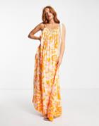 Only Ruched Neckline Maxi Cami Dress In Orange 70s Floral