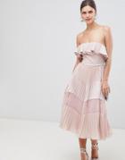 True Decadence Sleeveless Dress With Ruffle Trim And Lace Insert Pleated Skirt - Pink