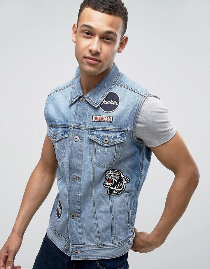 Jack & Jones Intelligence Sleeveless Denim Jacket With Back Embroidery - Blue