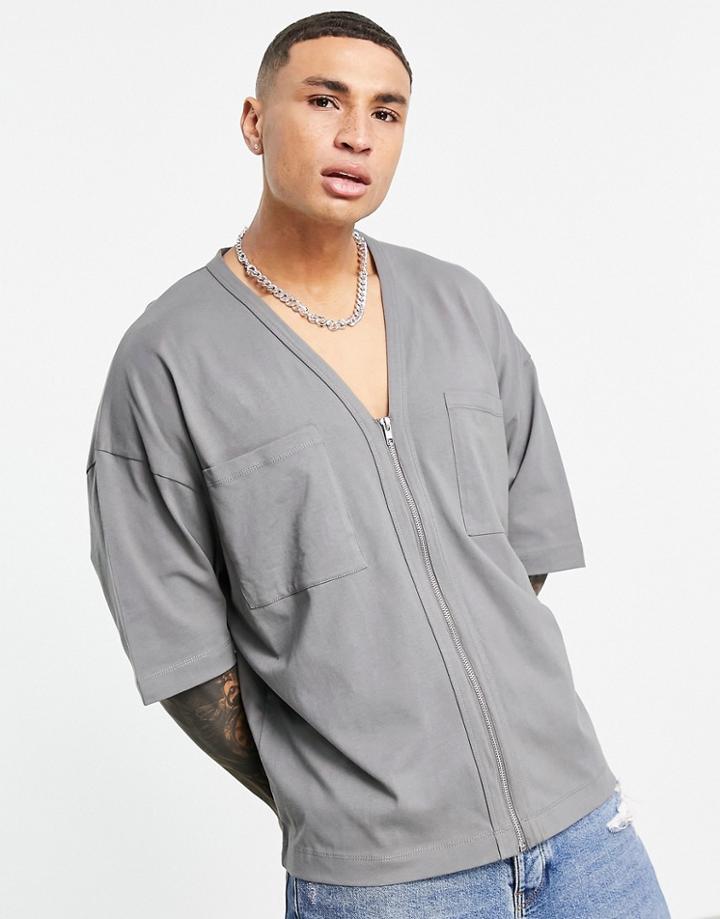 Asos Design Oversized Half Sleeve Jersey Shirt With Double Pockets In Washed Black